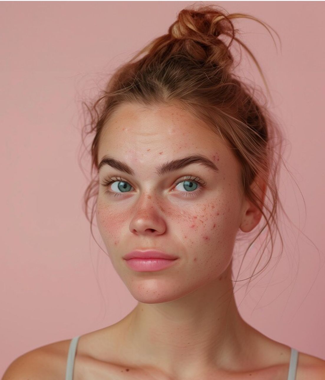 Young facial patient model with natural skin, pink background.